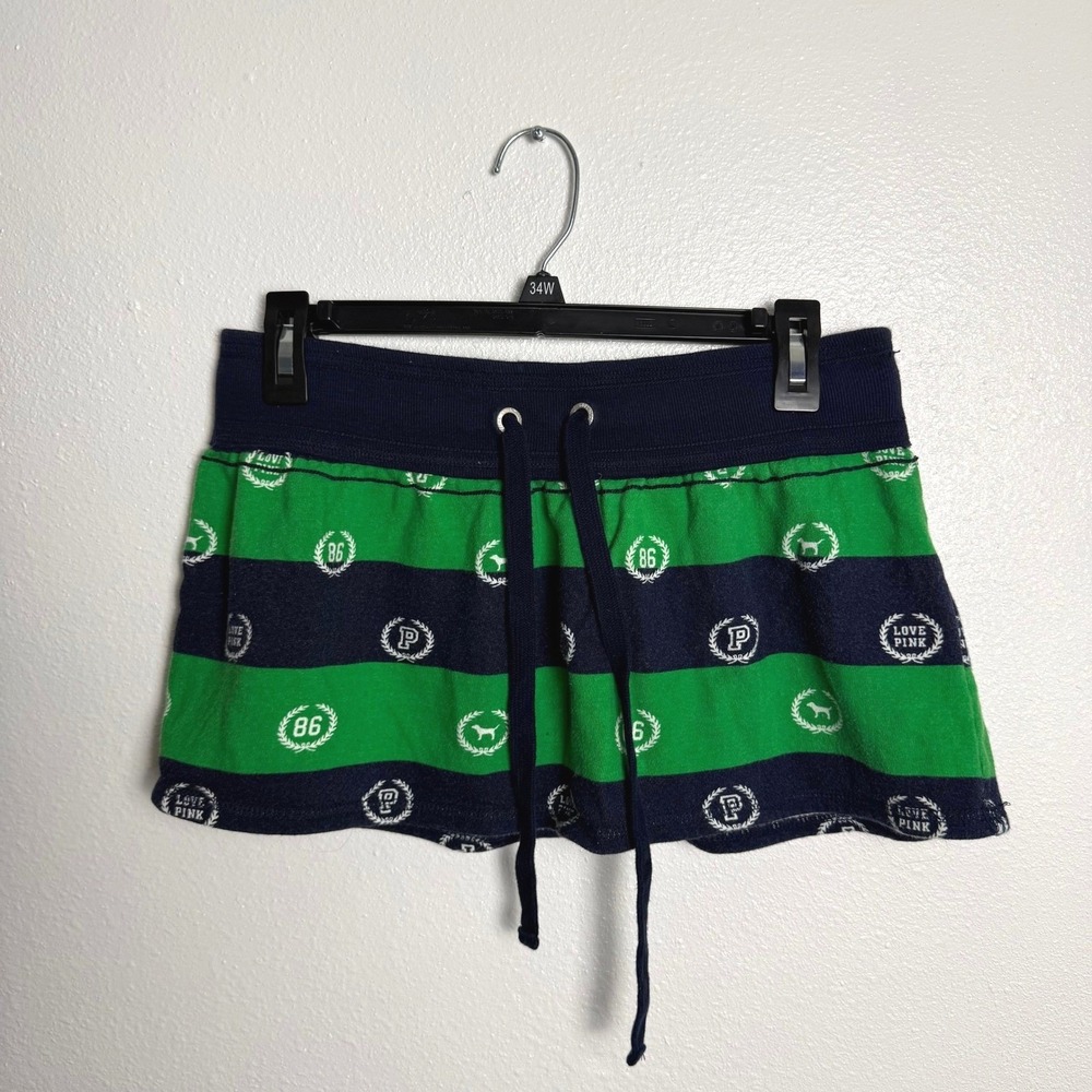 Vintage Y2K Victoria's Secret PINK Mini Skirt XS Green Navy Striped 86' Logo - Picture 2 of 8